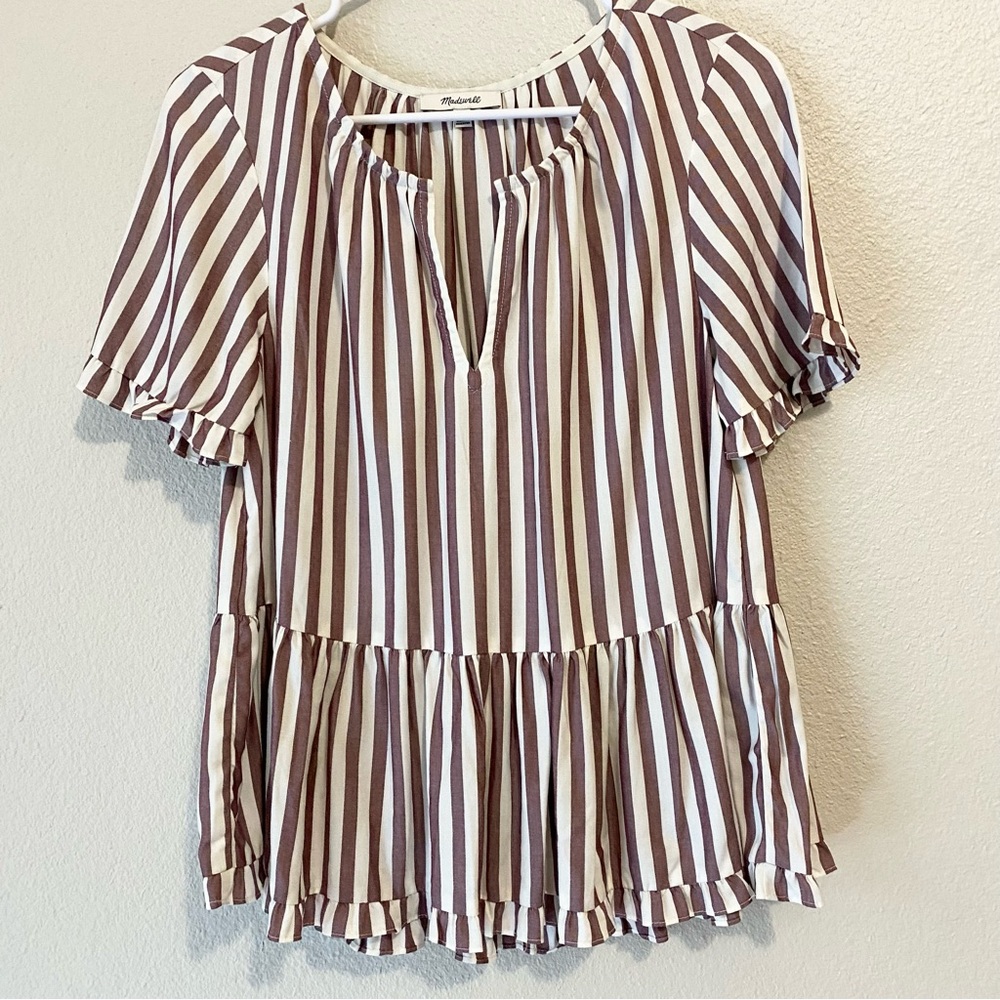 Madewell Stanza Ruffle Hem Top Small Striped Short Sleeve Peplum Preppy Cottage - Picture 12 of 12